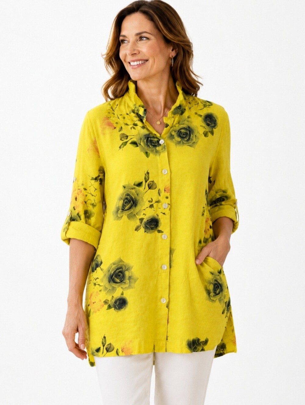 John Mark 100% Linen Yellow Floral Button Front Tunic Top Women’s Small Boho Art